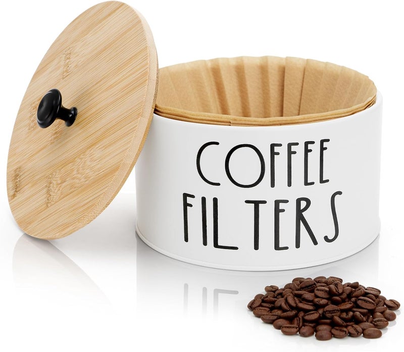 Acshio Coffee Filter Holder with Lid, Metal Round Coffee Filters Storage Container, White Large Coffees Pod Organizer Basket Coffees Bar Decor Accessories for Counter, Farmhouse - Image 1